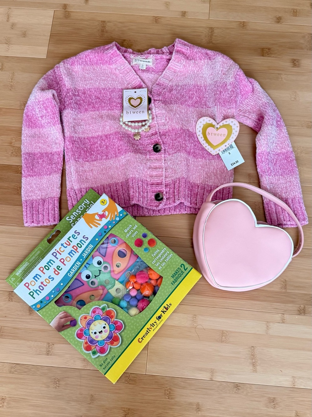 btween Pink Striped Knit Cardigan with Heart Purse and a crafty kit